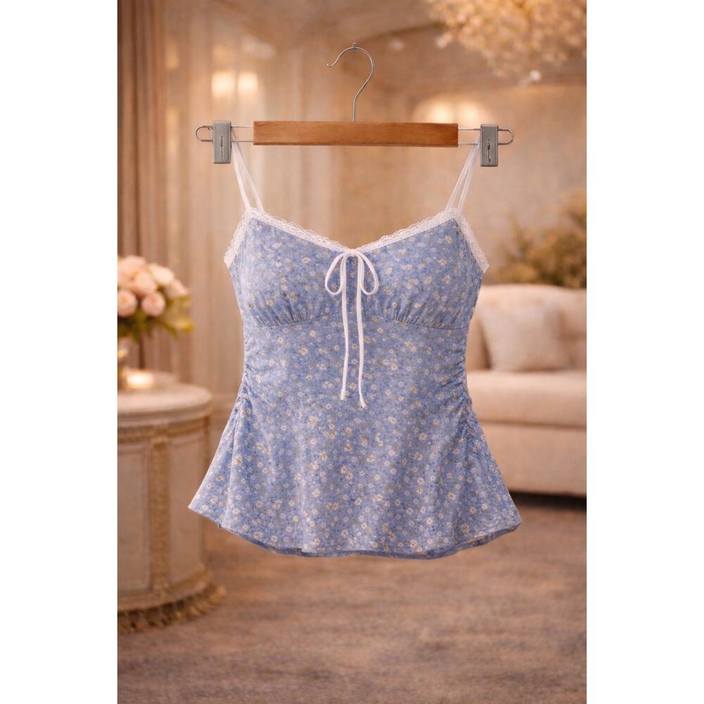 Free People Sammi Top XL Blue Floral Lace Trim Cami Peplum NWT Festival Summer